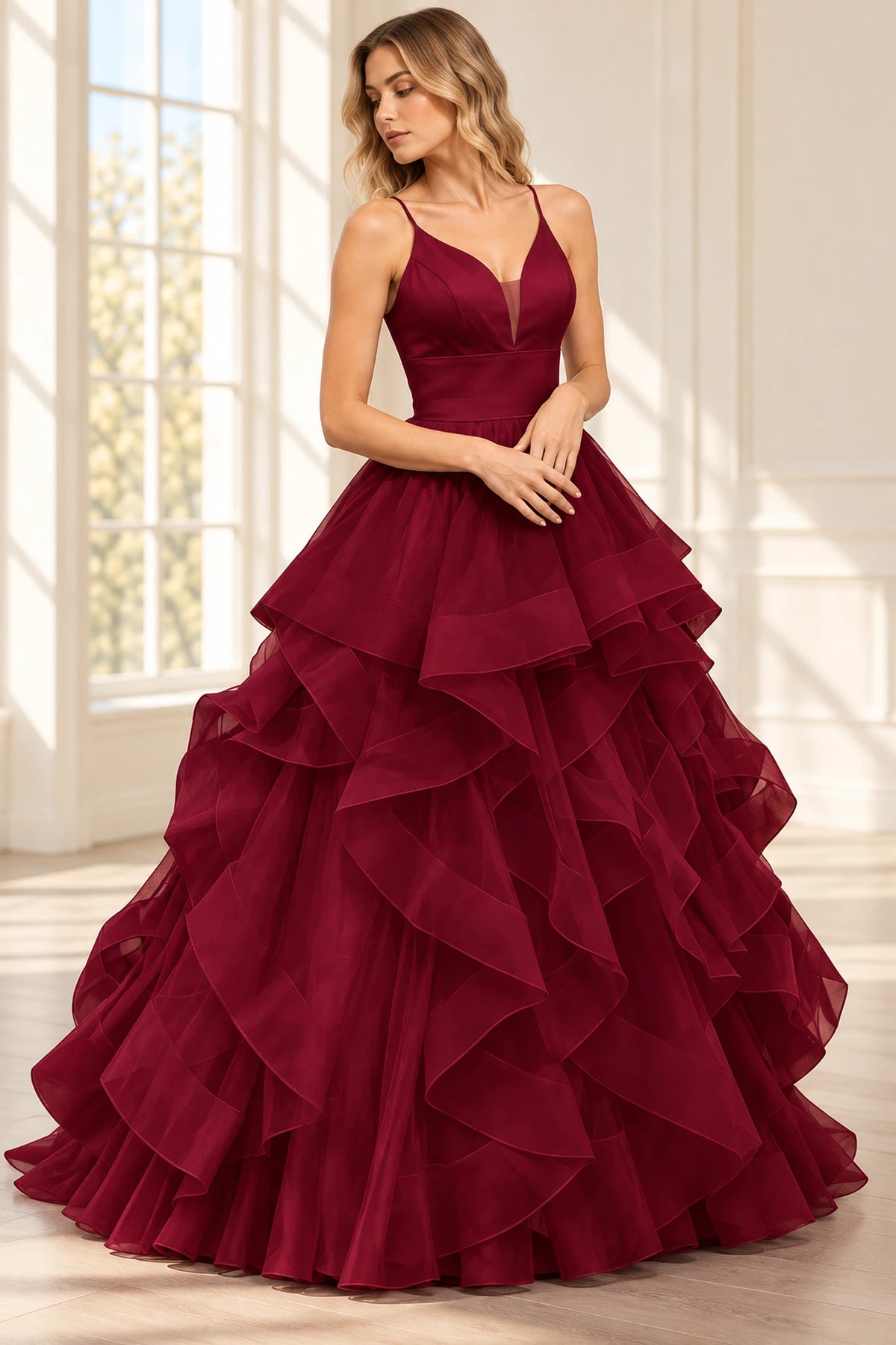 Romantic Tulle Ball Gown V-Neck Sleeveless Floor-Length Ruffle Prom Dress