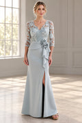 Icy blue sheath Mother of the Bride Dress with V-neck lace bodice, three-quarter sleeves, floral waist accents and front slit