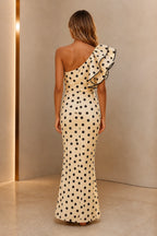 Ivory black polka dot one-shoulder wedding guest dress with ruffle shoulder and zip back