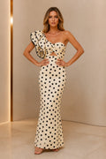 Ivory black polka dot one-shoulder floor-length wedding guest dress with ruffle and front cutout