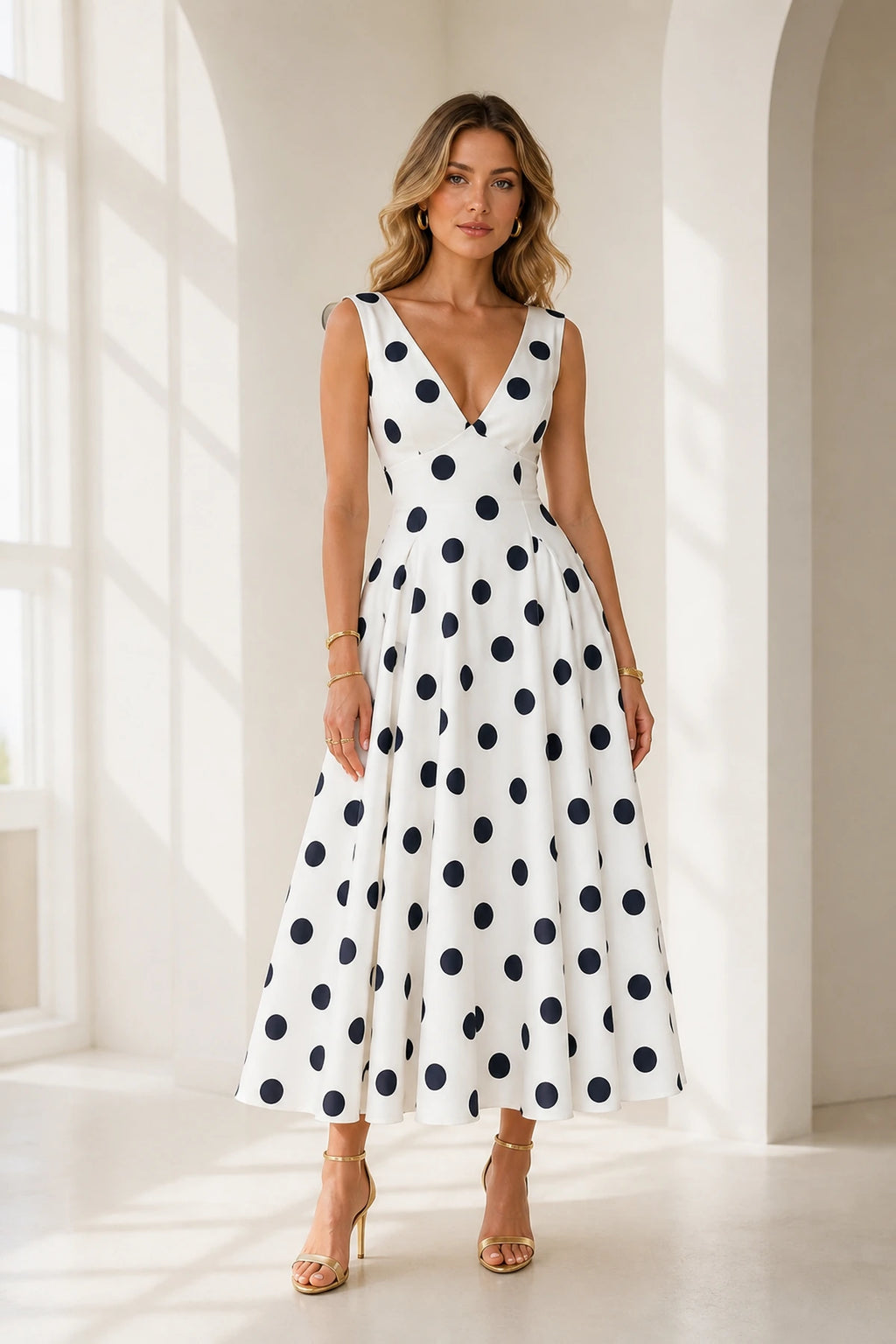 Ivory black polka dot V-neck A-line midi bridesmaid dress with sleeveless bodice