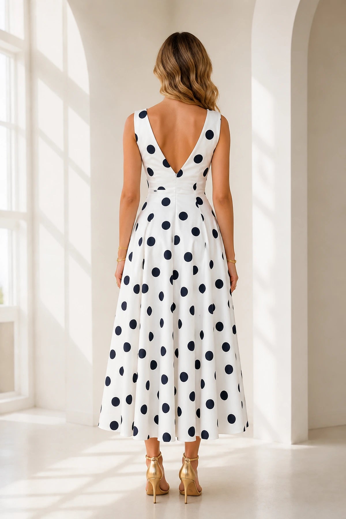 Ivory black polka dot V-neck A-line midi bridesmaid dress with sleeveless bodice