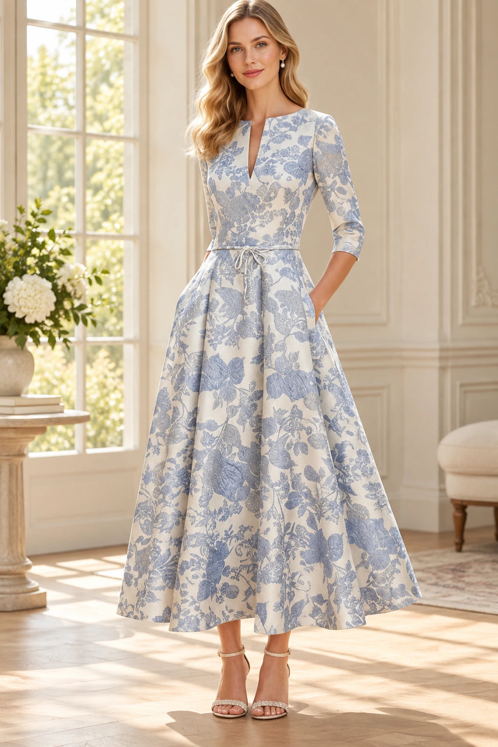 Ivory and blue floral A-line Mother of the Bride Dress with split neckline, three-quarter sleeves and tie waist