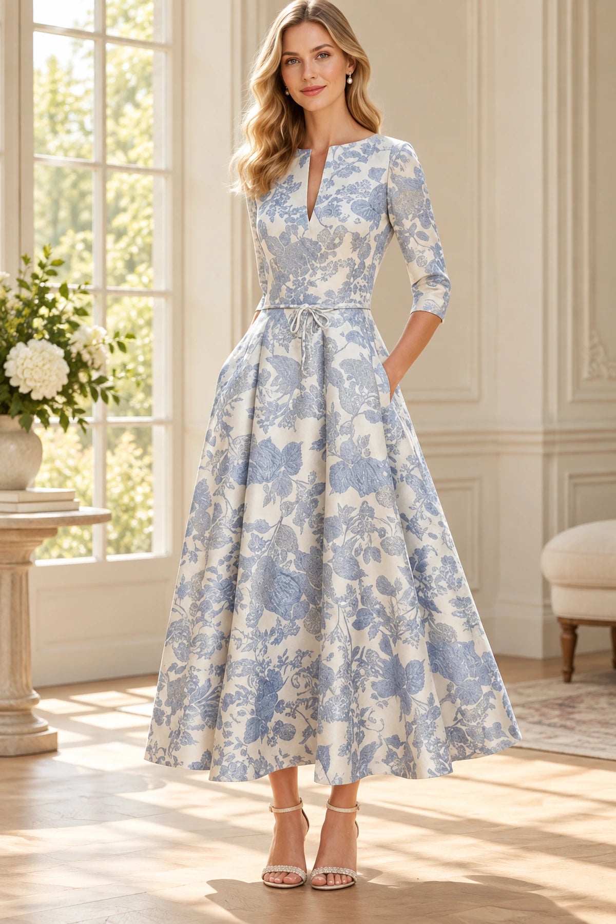 Ivory and blue floral A-line Mother of the Bride Dress with split neckline, three-quarter sleeves and tie waist