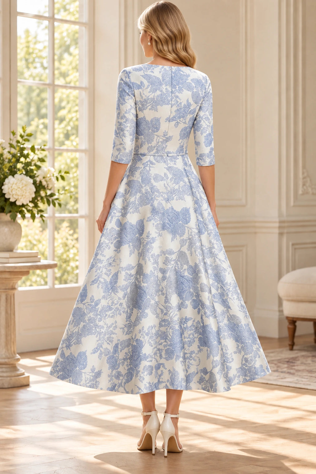 Back view of ivory and blue floral Mother of the Bride Dress with closed back, three-quarter sleeves and ankle-length A-line skirt