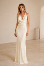 Timeless Sheath Cowl Halter Sleeveless Open Back Long Bridesmaid Dress