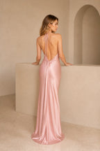Timeless Sheath Cowl Halter Sleeveless Open Back Long Bridesmaid Dress