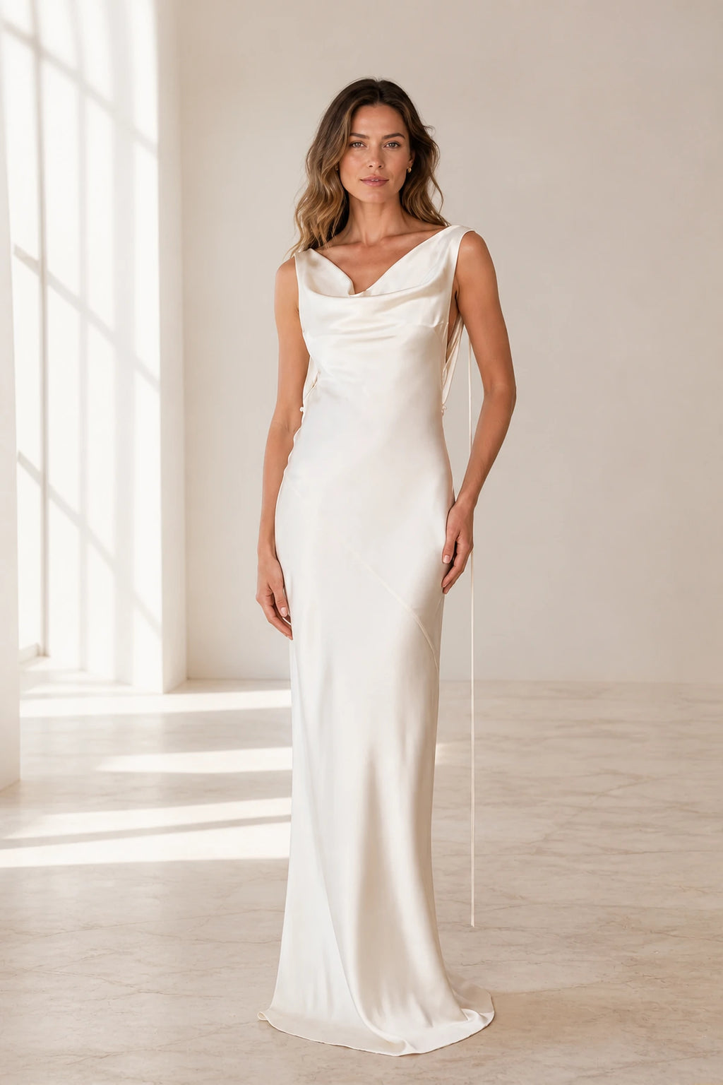 Ivory cowl neck sleeveless long bridesmaid dress by GraceProm