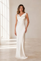 Ivory cowl neck sleeveless long bridesmaid dress by GraceProm