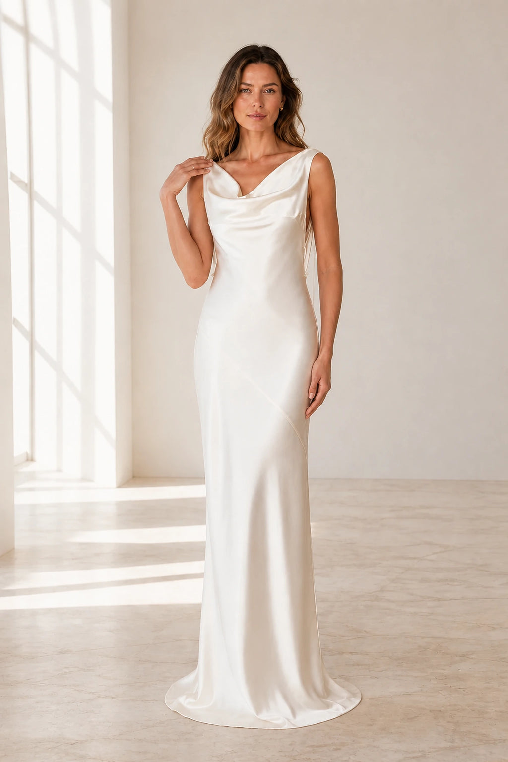 Graceful Sheath Cowl Neck Sleeveless Tie Back Long Bridesmaid Dress
