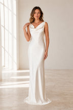 Graceful Sheath Cowl Neck Sleeveless Tie Back Long Bridesmaid Dress
