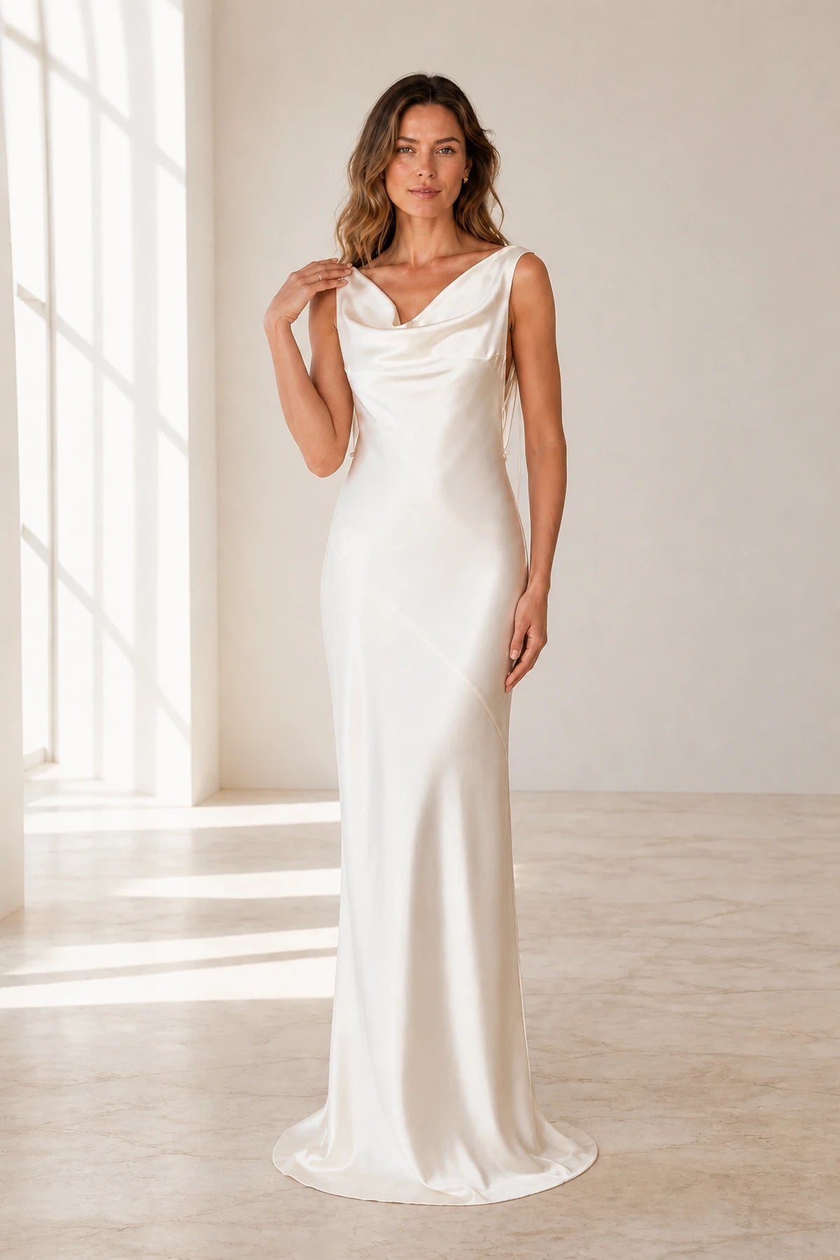 Graceful Sheath Cowl Neck Sleeveless Tie Back Long Bridesmaid Dress