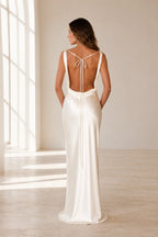 Ivory bridesmaid dress with open back and tie straps by GraceProm