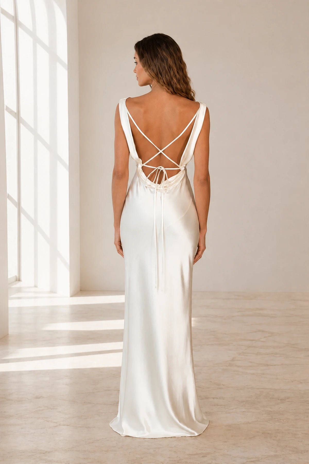 Graceful Sheath Cowl Neck Sleeveless Tie Back Long Bridesmaid Dress