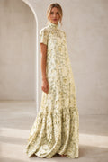 Ivory floral mother of the bride dress with high neckline, short sleeves, relaxed A-line silhouette and floor-length ruffle hem