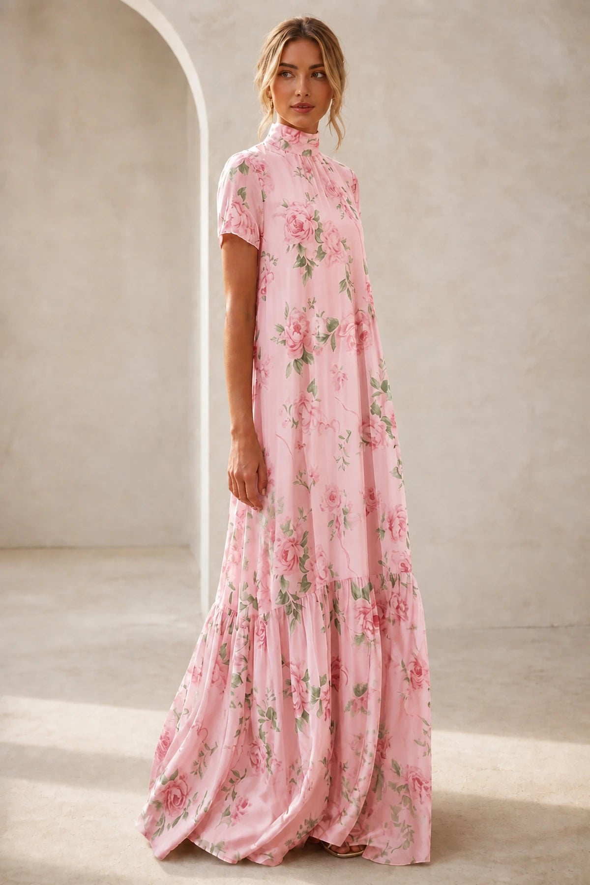 Graceful A-Line High-Neck Short-Sleeve Keyhole-Back Floor-Length Mother of the Bride Dress
