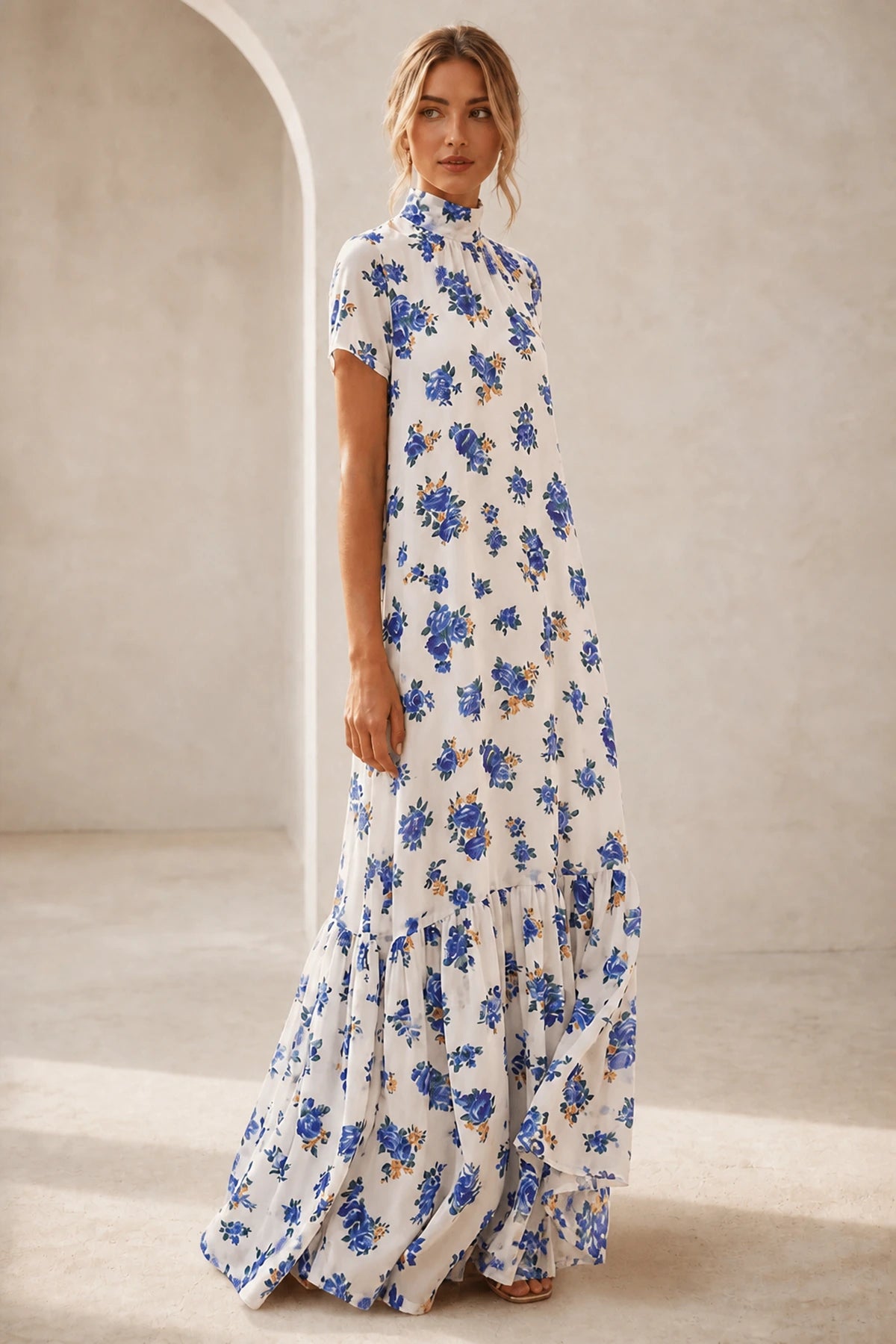 Graceful A-Line High-Neck Short-Sleeve Keyhole-Back Floor-Length Mother of the Bride Dress