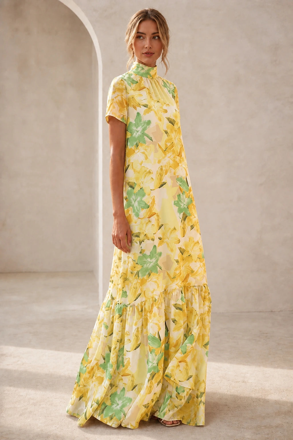 Graceful A-Line High-Neck Short-Sleeve Keyhole-Back Floor-Length Mother of the Bride Dress