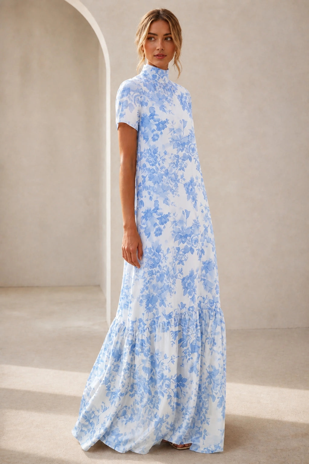 Graceful A-Line High-Neck Short-Sleeve Keyhole-Back Floor-Length Mother of the Bride Dress