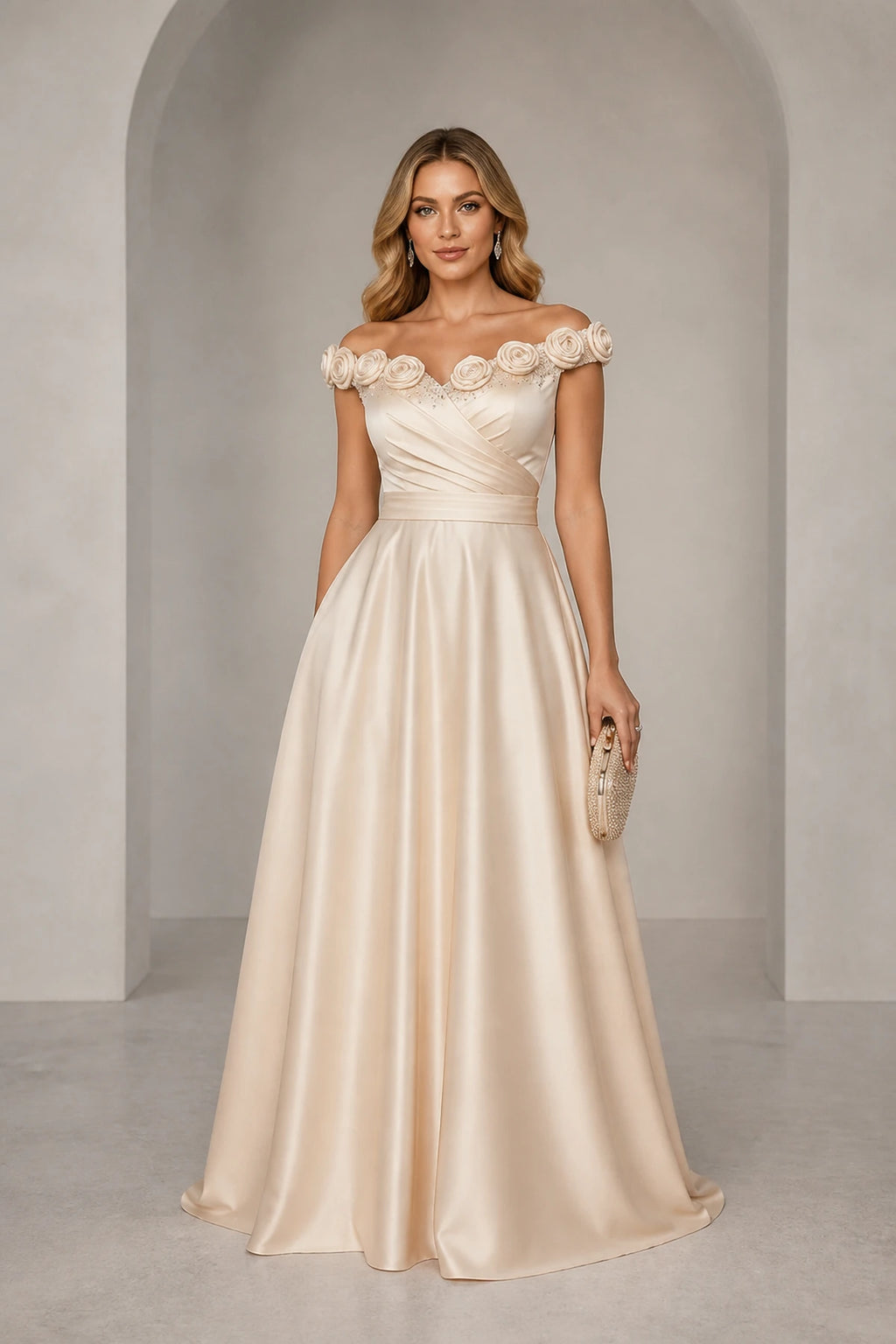 Ivory off shoulder floral applique A-line wedding guest dress with floor length skirt