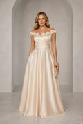 Ivory off shoulder floral applique A-line wedding guest dress with floor length skirt