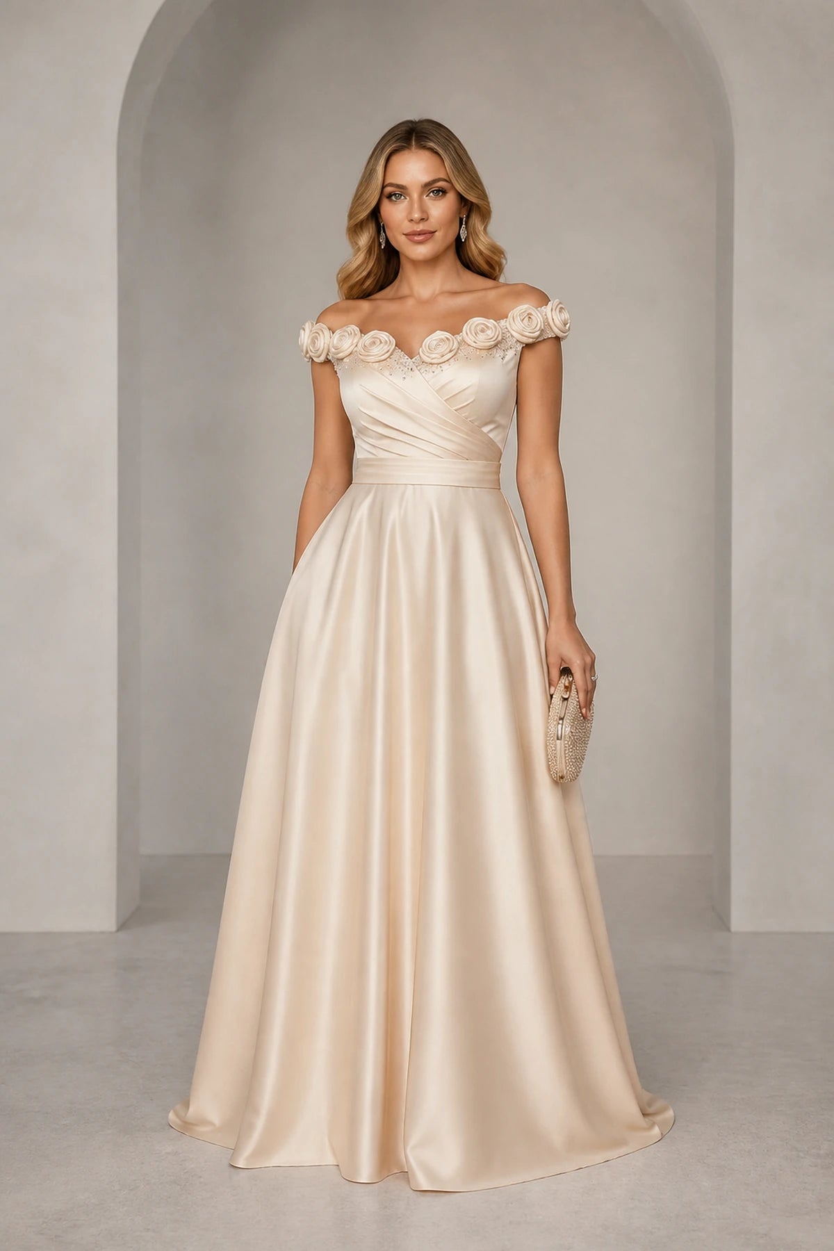 Ivory off shoulder floral applique A-line wedding guest dress with floor length skirt