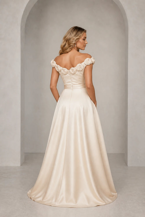 Back view of ivory floral applique wedding guest dress with off shoulder neckline and zipper