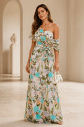 Ivory floral embroidered one shoulder A-line long wedding guest dress