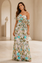 Ivory floral embroidered one shoulder A-line long wedding guest dress