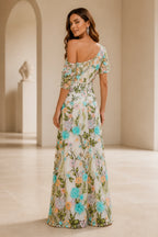 Ivory floral embroidered one shoulder A-line long wedding guest dress