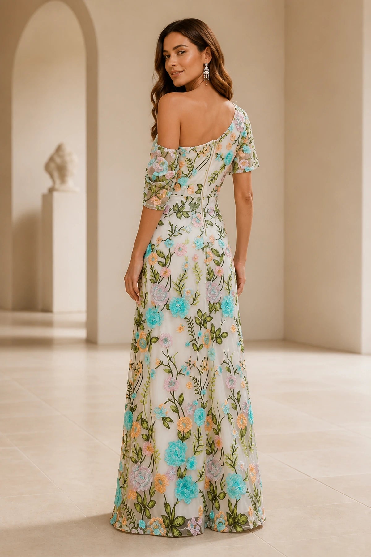 Ivory floral embroidered one shoulder A-line long wedding guest dress