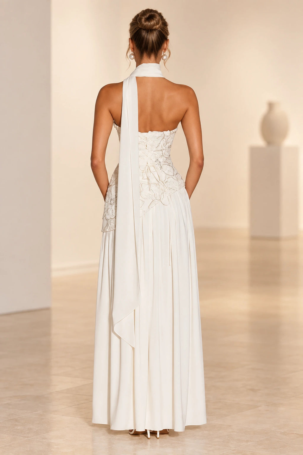 Ivory strapless floral A-line prom dress with corset bodice by Graceprom