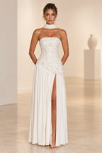 Ivory strapless floral A-line prom dress with corset bodice by Graceprom