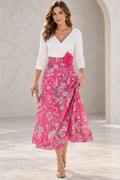 Ivory and pink floral A-line Mother of the Bride Dress with V-neck three-quarter sleeves and floral waist accent