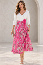 Ivory and pink floral A-line Mother of the Bride Dress with V-neck three-quarter sleeves and floral waist accent
