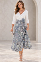 Refined A-Line V-Neck Three-Quarter Sleeve Closed-Back Tea-Length Mother of the Bride Dress