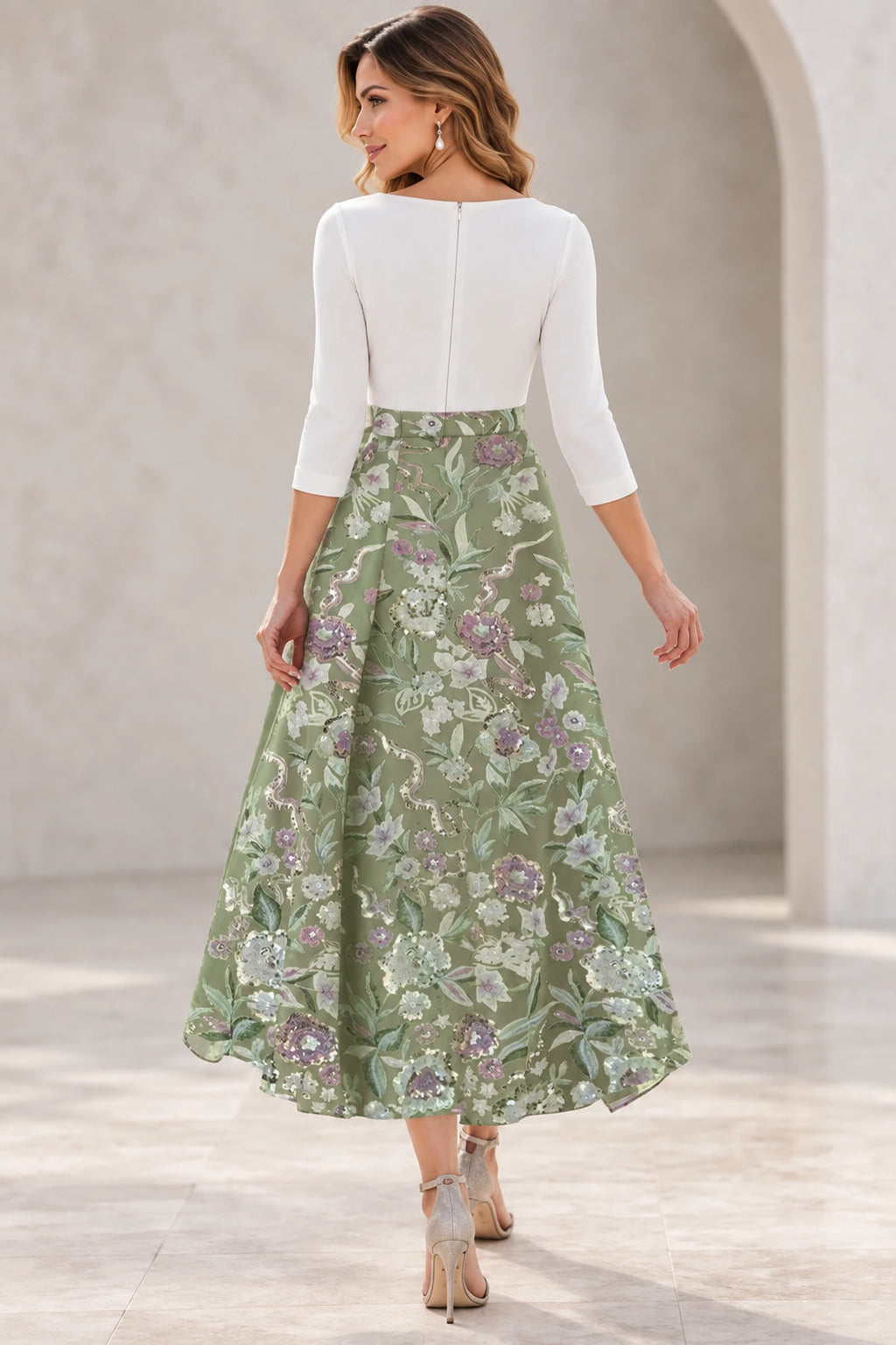 Back view of floral Mother of the Bride Dress with closed back, center zipper and tea-length A-line skirt