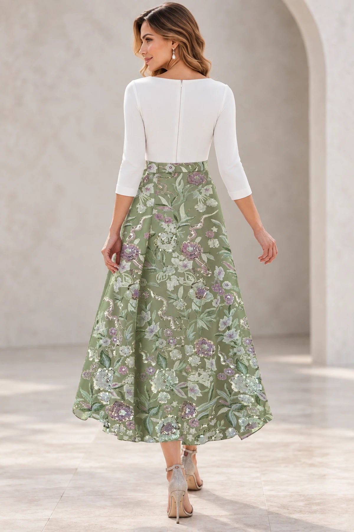 Back view of floral Mother of the Bride Dress with closed back, center zipper and tea-length A-line skirt