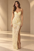Ivory lace beaded mermaid prom dress with sweetheart neckline, sleeveless design and side slit