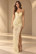 Ivory lace beaded mermaid prom dress with sweetheart neckline, sleeveless design and side slit