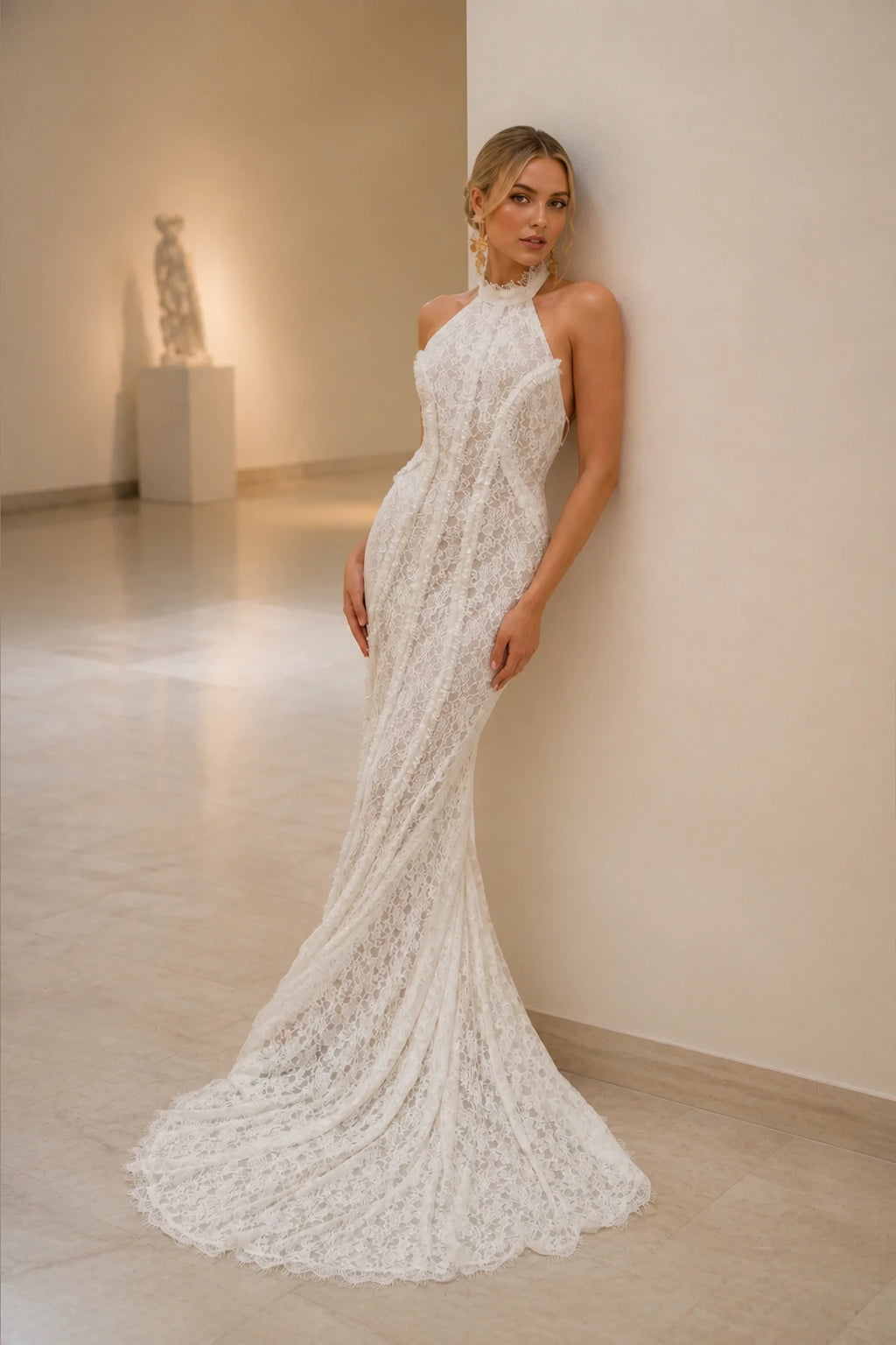 Ivory lace halter neck mermaid wedding dress by GraceProm