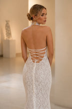 Romantic Mermaid Halter Neck Sleeveless Lace Up Back Long Wedding Dress