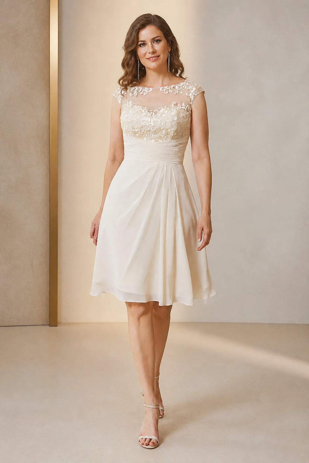 Vedress ivory A-line mother of the bride dress with illusion bateau neckline cap sleeves lace appliqué ruched waist and knee-length skirt front view