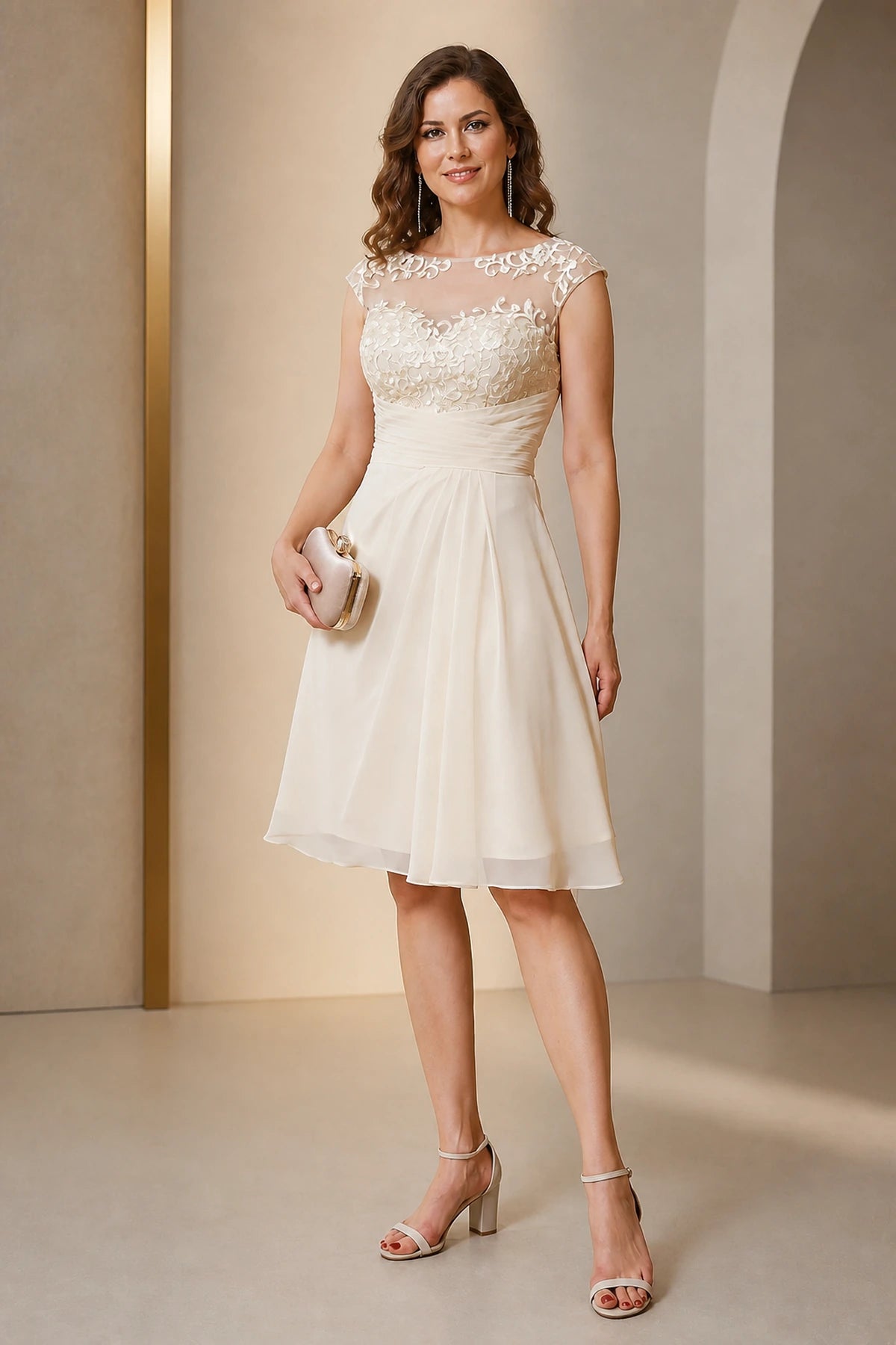 Refined A-Line Illusion Bateau Cap-Sleeve Button-Back Knee-Length Mother-of-the-Bride Dress
