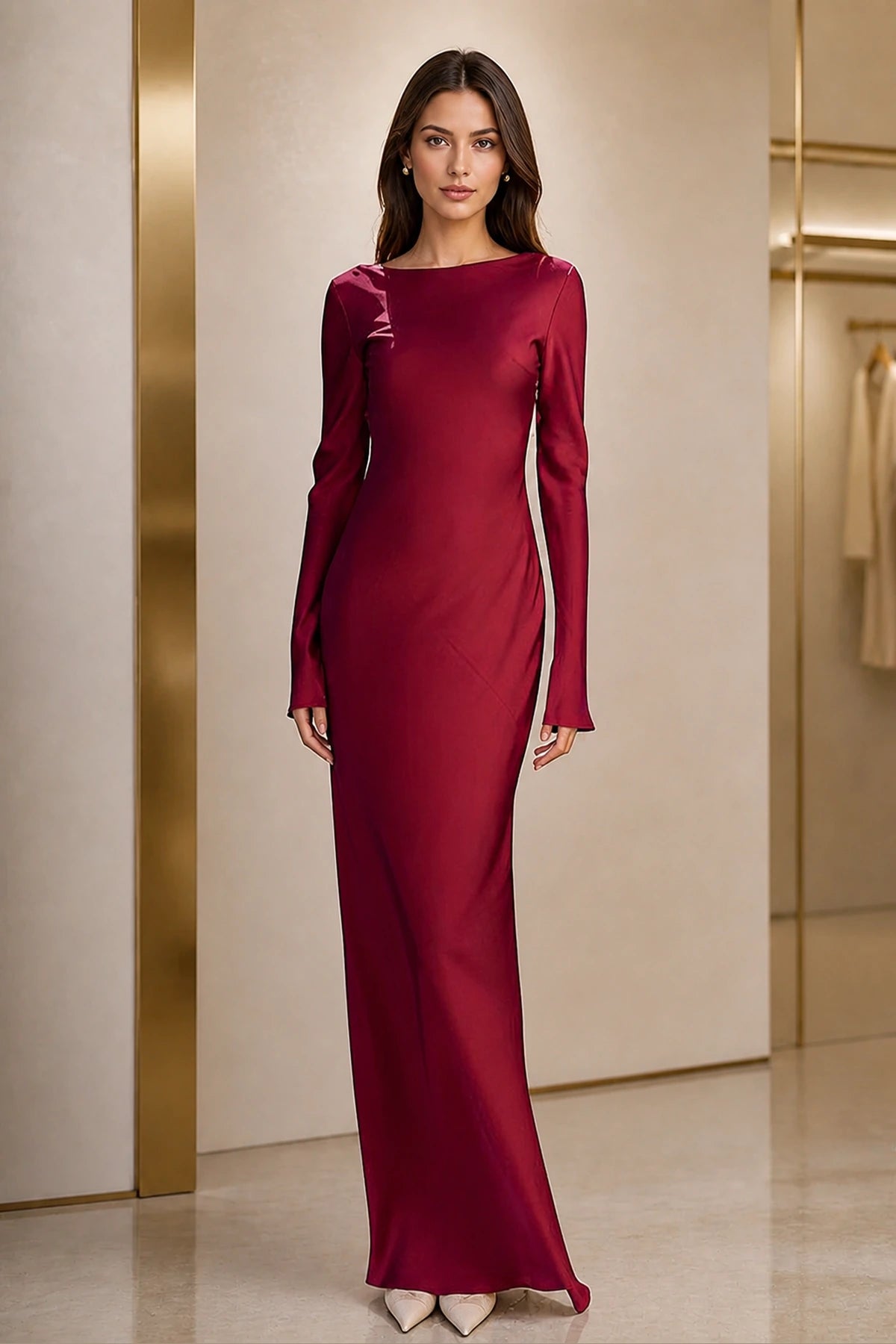 Timeless Sheath Round Neck Long Sleeve Tie Back Long Bridesmaid Dress