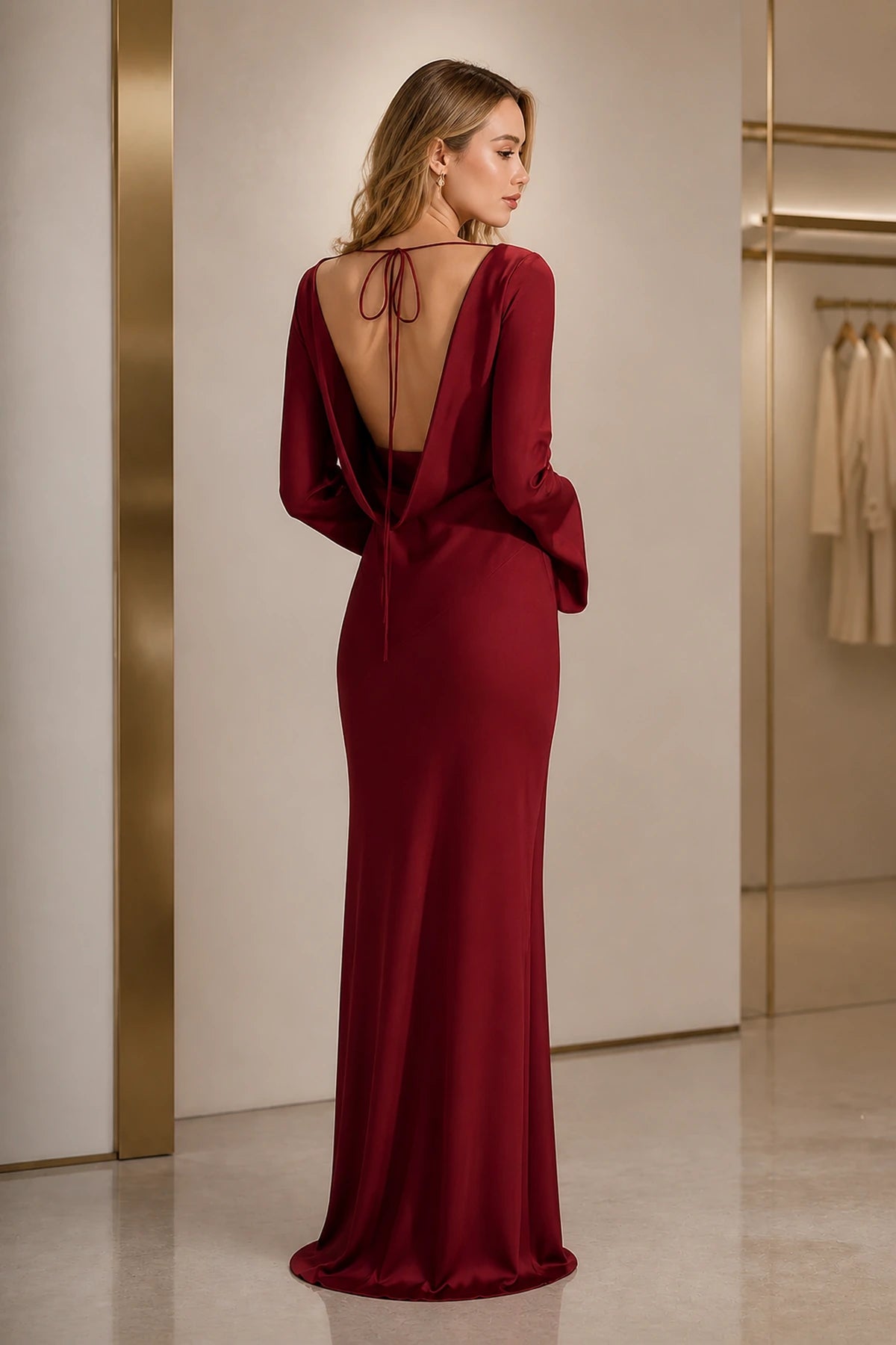 Timeless Sheath Round Neck Long Sleeve Tie Back Long Bridesmaid Dress