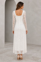 Ivory long sleeve lace wedding guest dress with square back and zip closure