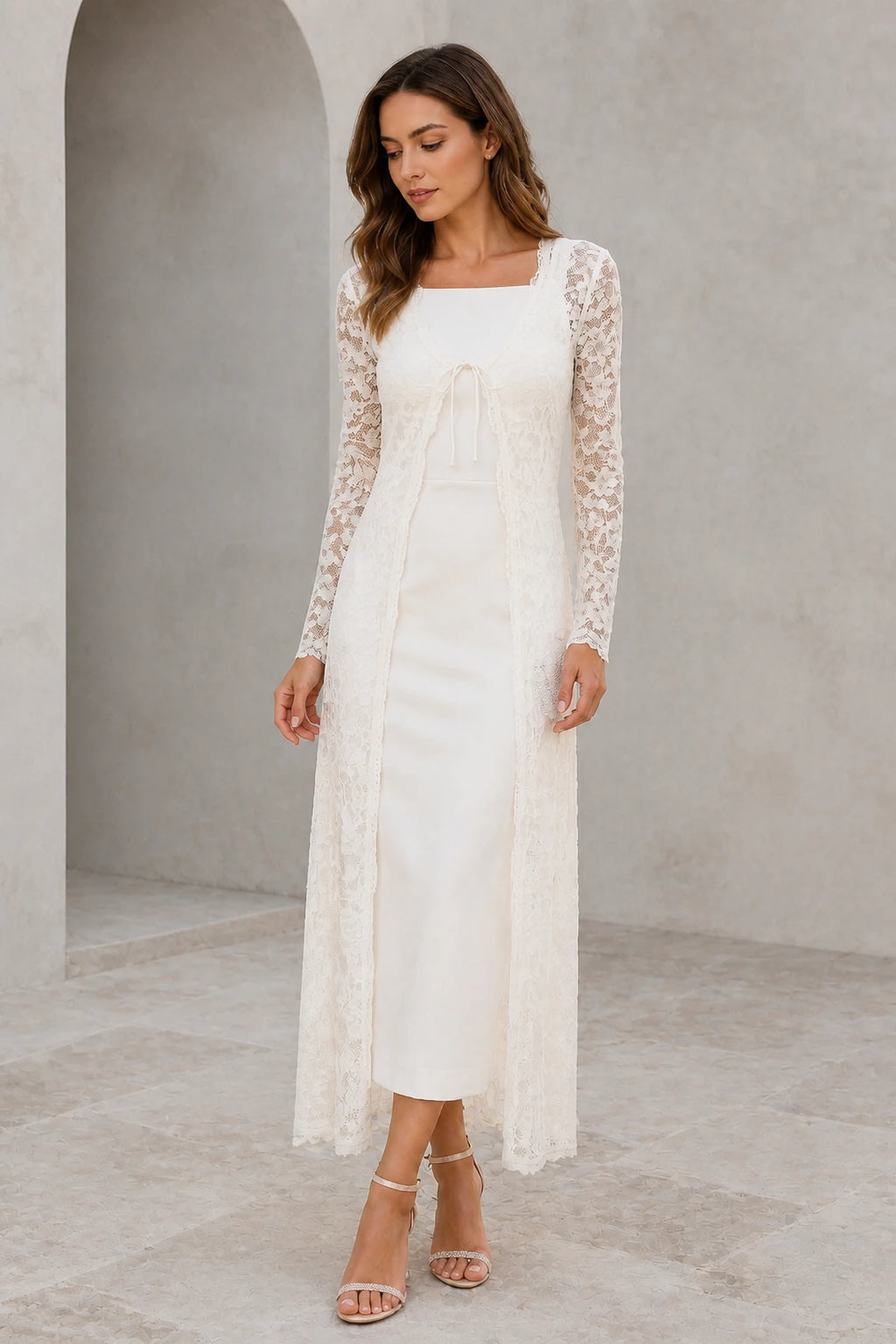 Ivory square neck long sleeve lace ankle-length wedding guest dress front view