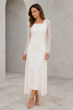 Ivory square neck long sleeve lace ankle-length wedding guest dress front view