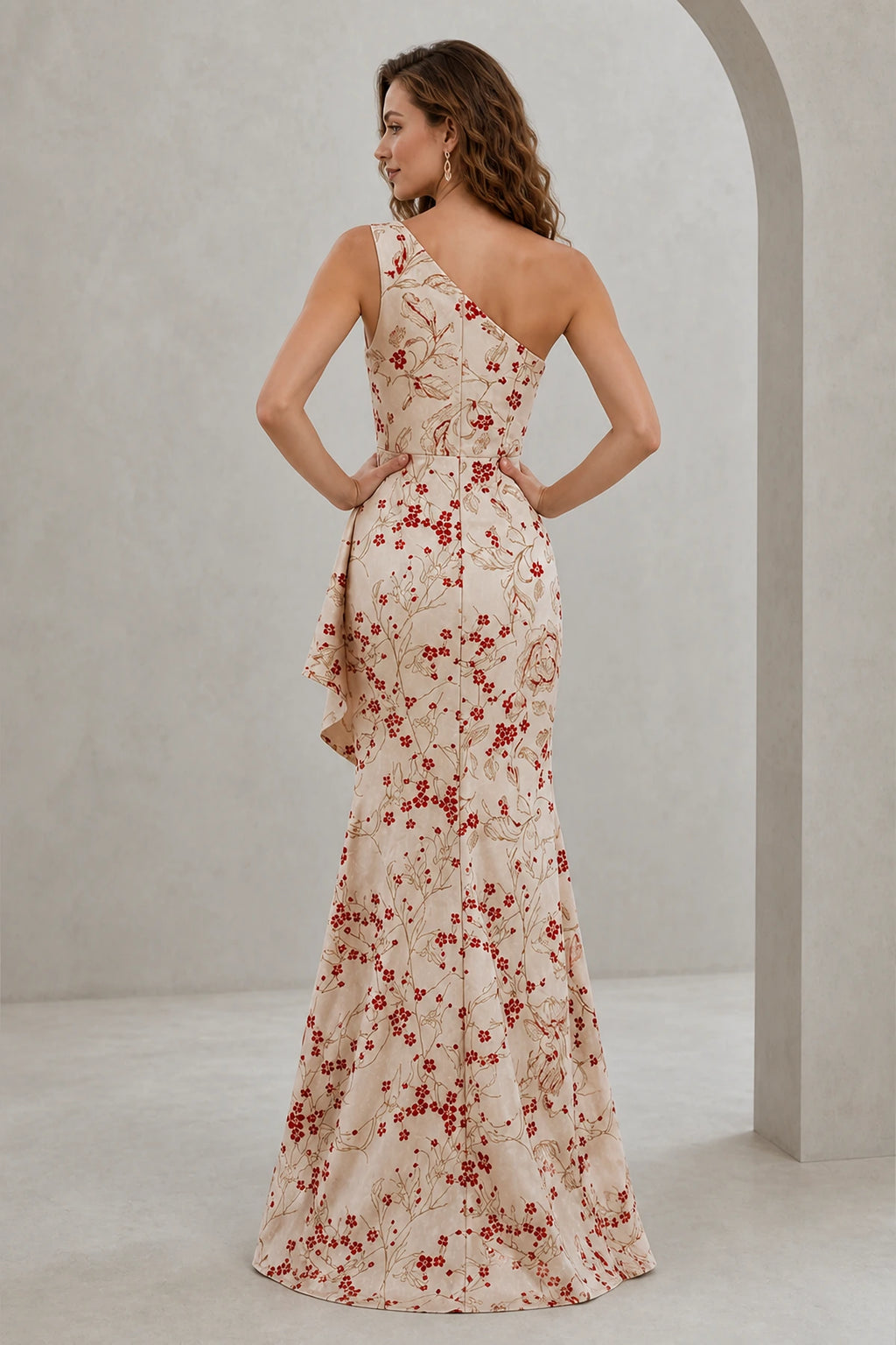 Ivory red floral one-shoulder wedding guest dress with fitted zip back